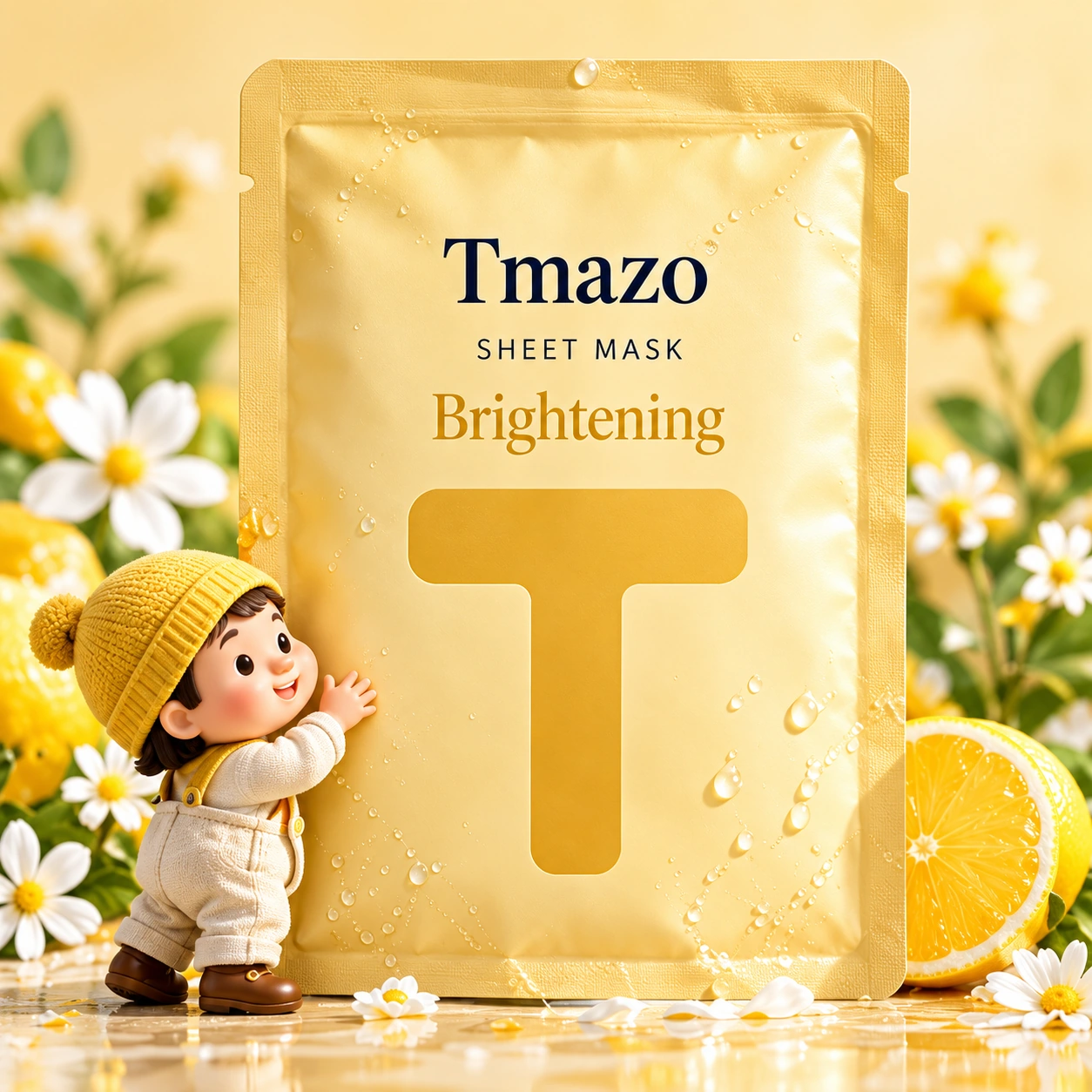 Tmazo Brightening pouch and a helper whose golden yellow hat matches the T.