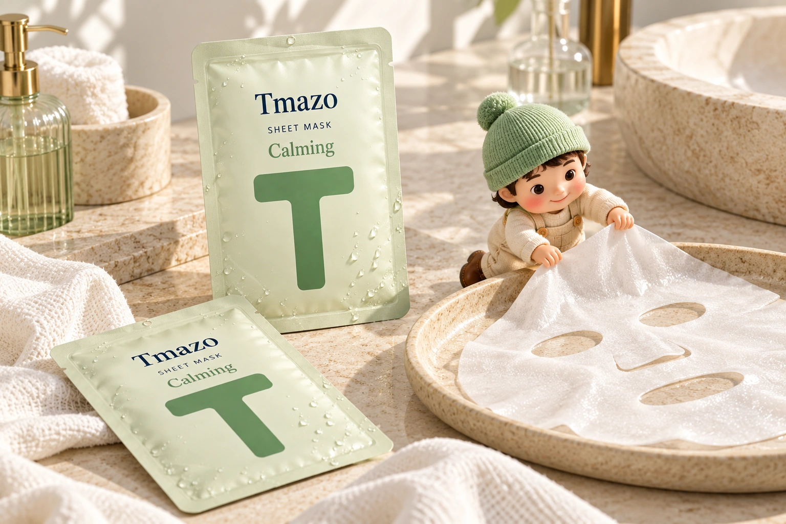 Tmazo Calming Sheet Mask packaging and texture concept