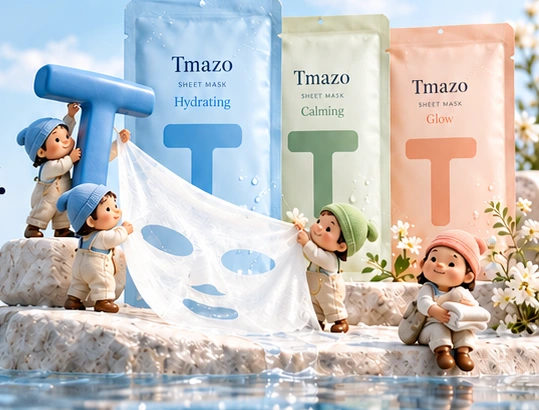 Tiny Tmazo helpers with blue, green and peach hats, opening a sheet mask beside matching T packages.