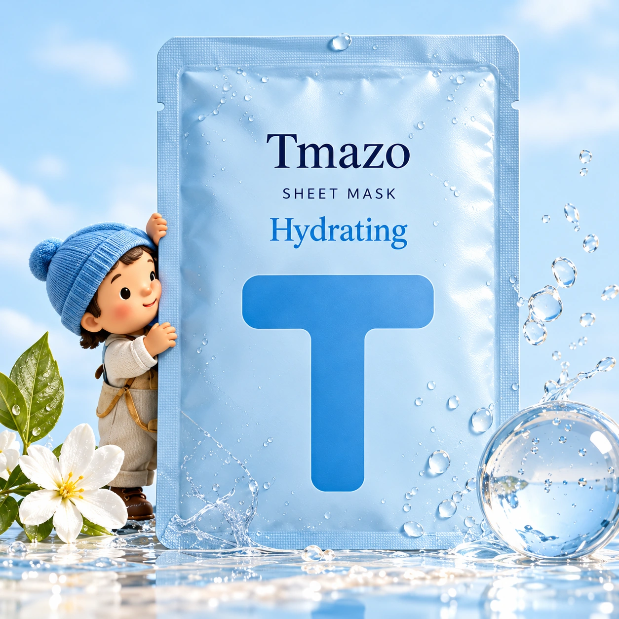 Tmazo Hydrating pouch and a helper whose sky blue hat matches the T.
