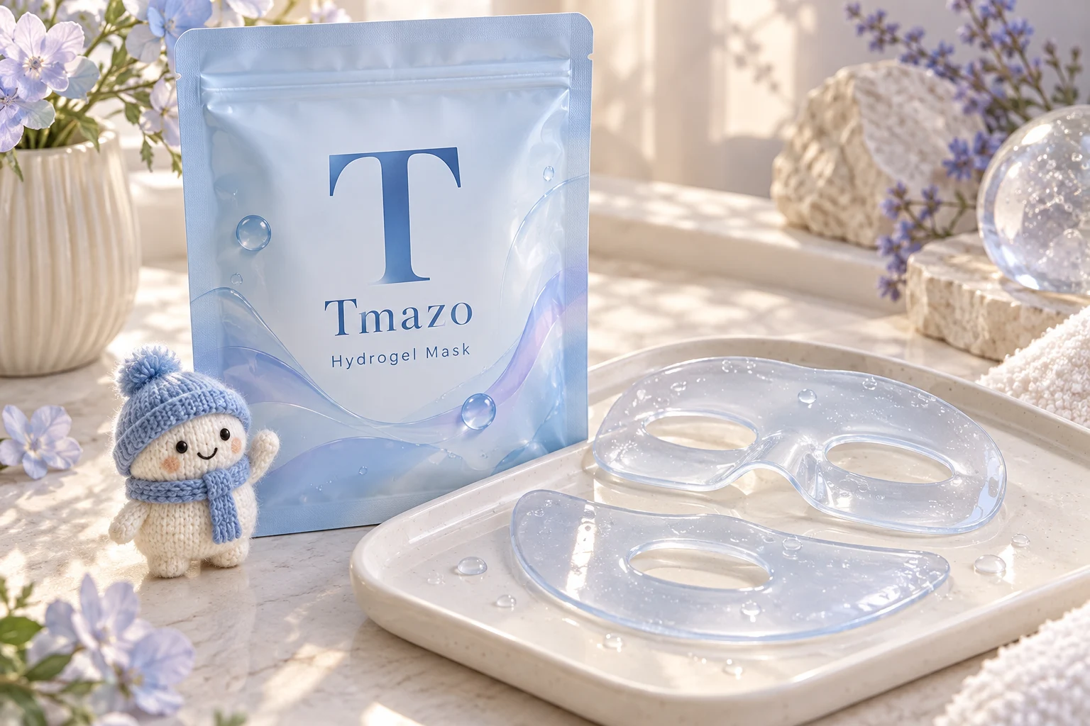 Tmazo Hydrogel Mask packaging concept with translucent two-piece gel mask and blue-hatted helper