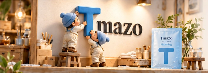 Two blue-hatted helpers attaching the blue T in front of mazo to complete the Tmazo logo.